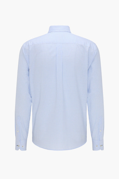 Blue long-sleeve checkered shirt back view with white buttons and tailored fit