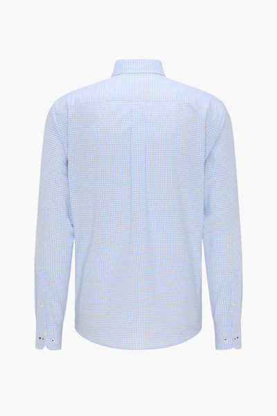 Blue long-sleeve checkered shirt back view with white buttons and tailored fit