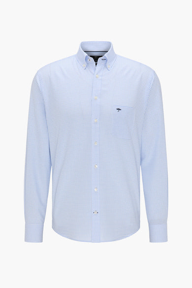 Light blue checkered long-sleeve shirt with button-down collar and chest pocket, front view