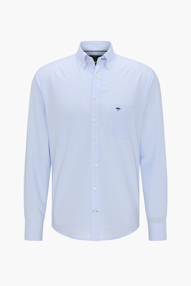 Light blue checkered long-sleeve shirt with button-down collar and chest pocket, front view