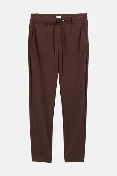 Brown five-pocket women's seasonal pants with elastic waist and drawstring, front view, smooth texture