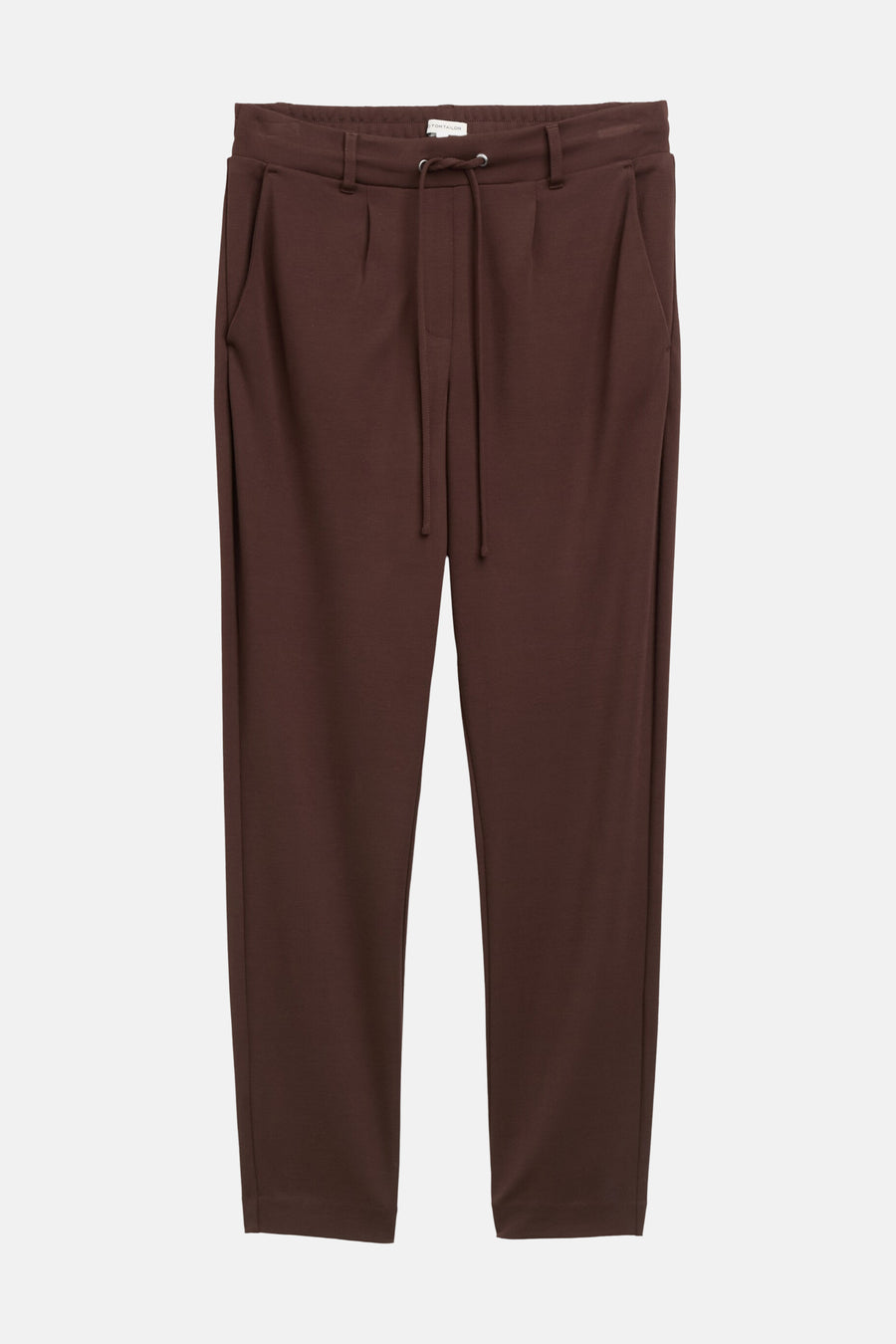Brown five-pocket women's seasonal pants with elastic waist and drawstring, front view, smooth texture