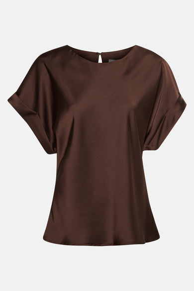 Bruin blouse met korte mouwen van Terra di Siena, van satijnzijde, met omslagmouwen.