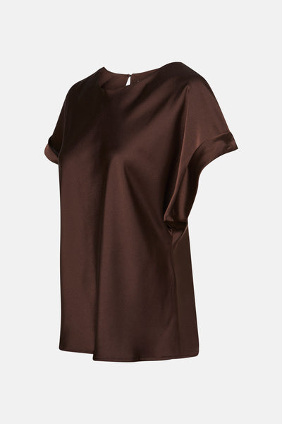 Blouse à manches courtes marron de Terra di Siena, en soie satinée, avec manches à revers.