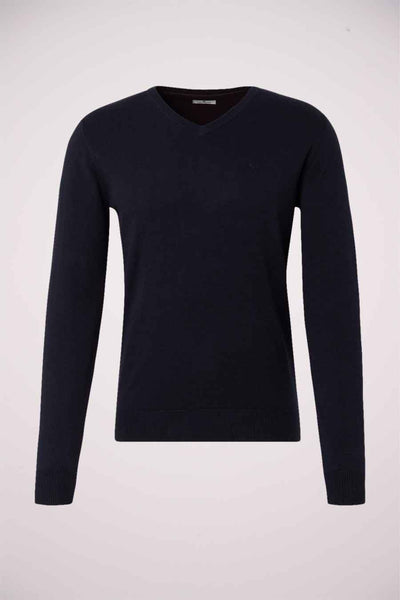 Pull bleu marine à col V de Tom Tailor, en maille fine unie avec des finitions côtelées.