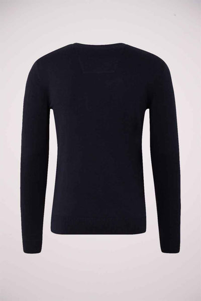 Pull bleu en maille de Tom Tailor, vue arrière, avec une étiquette discrète au col.