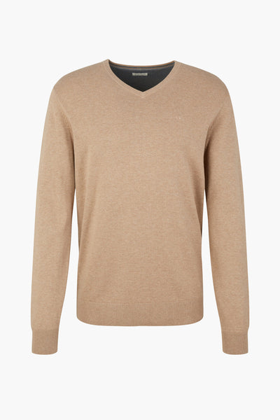 Pull beige col V de Tom Tailor, en maille fine.