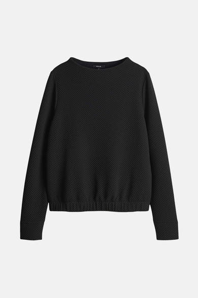 Pull noir à col rond de OPUS, en tissu texturé à motif géométrique subtil.