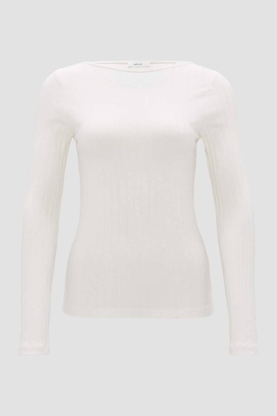 Pull à col rond blanc de OPUS, en maille côtelée fine et manches longues.