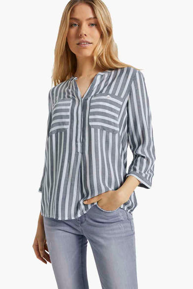 Blouse met lange mouwen in het blauw van Tom Tailor met grijze en witte strepen, opgestikte borstzakken.