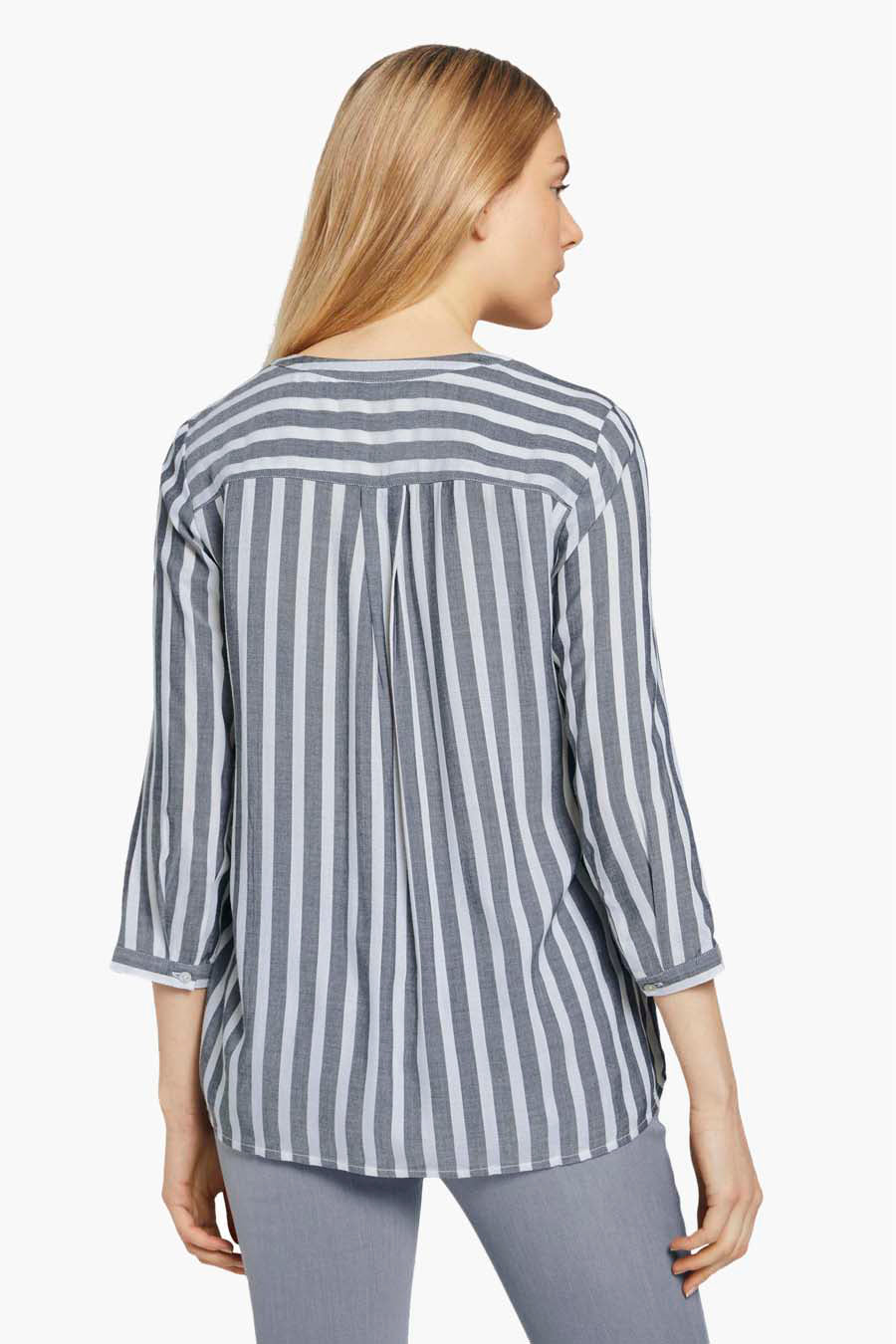 Blouse met lange mouwen blauw van Tom Tailor, met verticale strepen en driekwartmouwen, achterzicht.