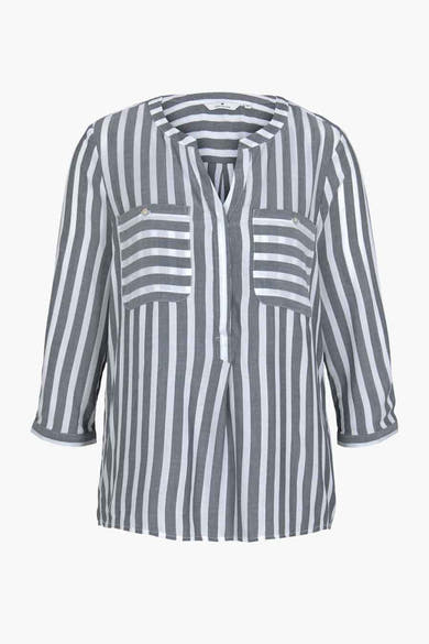 Blouse met lange mouwen van Tom Tailor, blauw met verticale strepen, met opgestikte borstzakken.