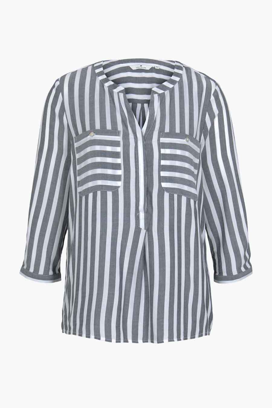 Blouse met lange mouwen van Tom Tailor, blauw met verticale strepen, met opgestikte borstzakken.