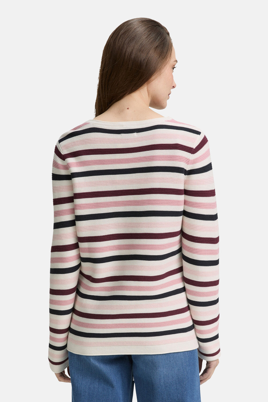Multikleuren rondehals trui van Tom Tailor met horizontaal strepenpatroon, achterzijde.