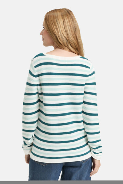Multikleuren rondehals trui van Tom Tailor, met horizontale strepen, gedragen met een spijkerbroek.