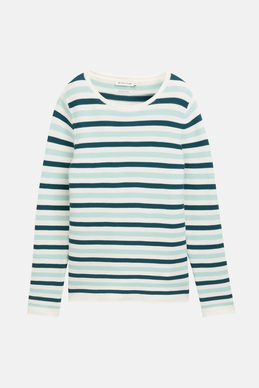 Multikleuren rondehals trui van Tom Tailor, groen en wit gestreept van biologisch katoen.