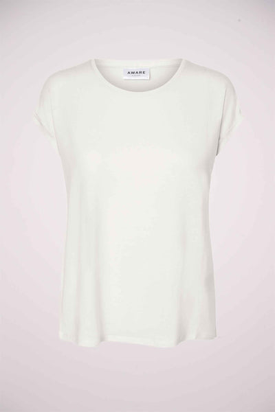 White short-sleeve top by AWARE with round neckline and soft fabric, front view