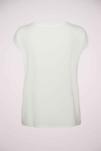 White short-sleeve top back view, plain fabric, relaxed fit, soft texture