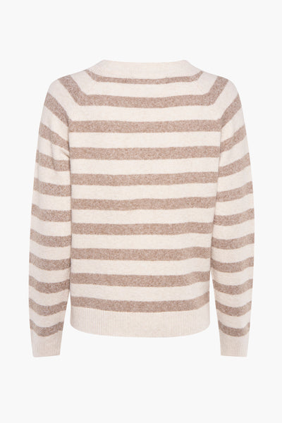 Pull à col rond beige de Vero Moda avec motif à rayures horizontales et manches longues.