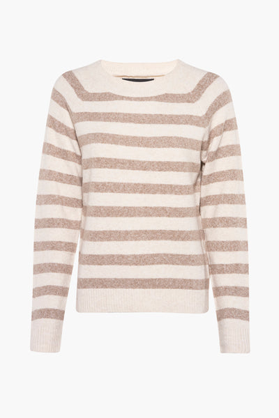 Pull à col rond beige de VERO MODA®, à rayures horizontales marron clair, en maille fine.
