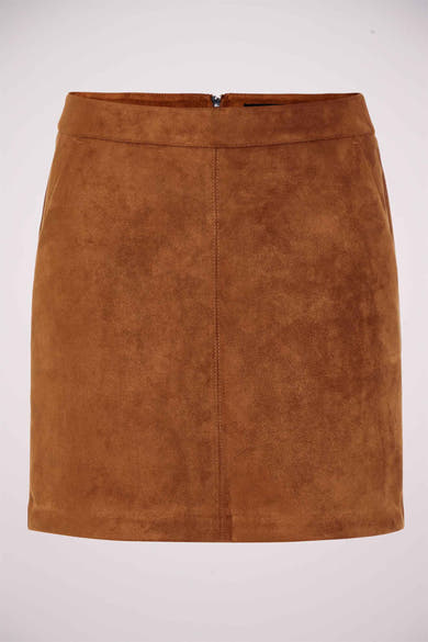 Mini-jupe marron en suédine de VERO MODA®, avec une couture centrale verticale et des poches.