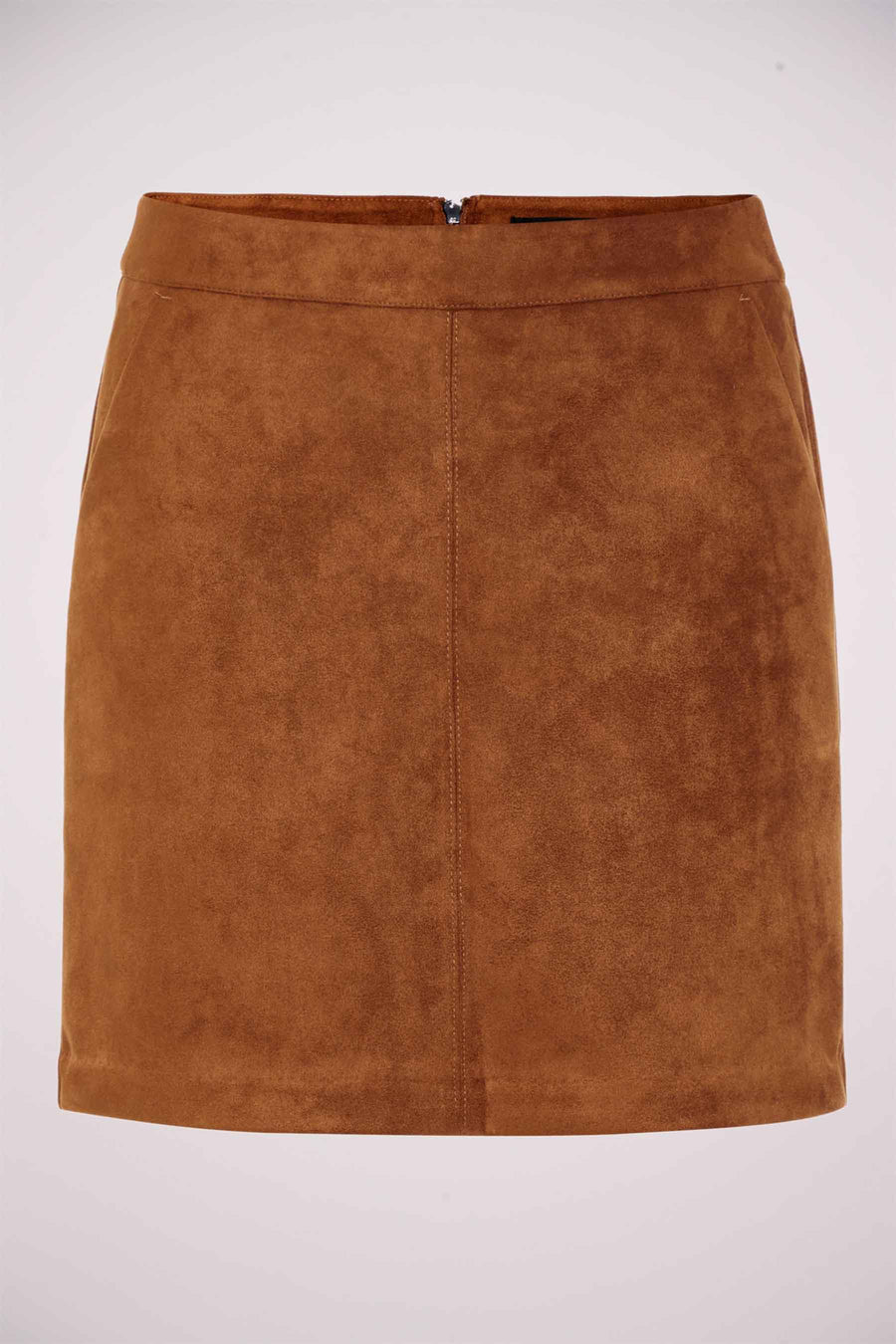 Mini-jupe marron en suédine de VERO MODA®, avec une couture centrale verticale et des poches.