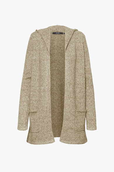 Beige gemêleerde gebreide cardigan van VERO MODA, met capuchon en opgestikte zakken.