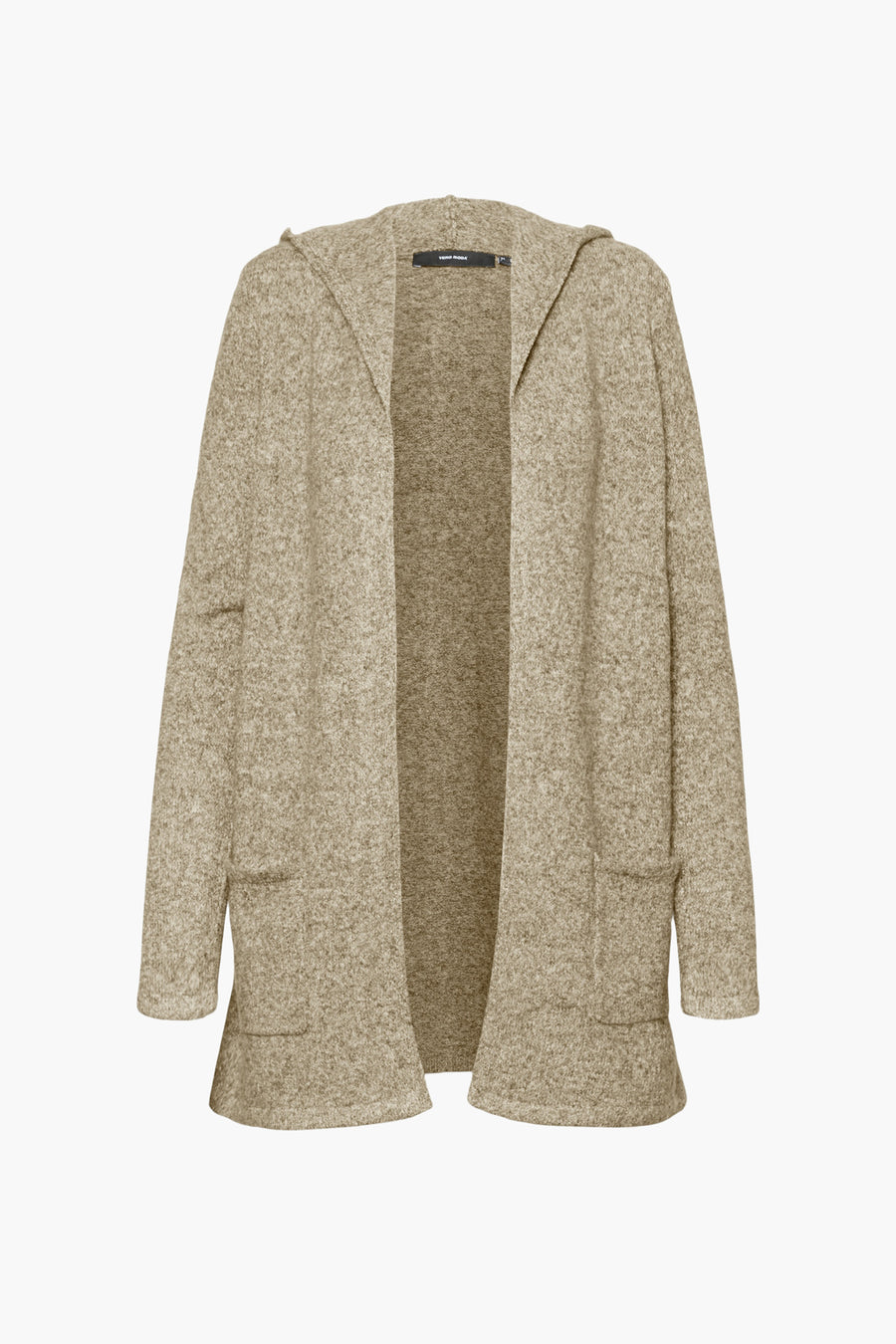 Beige gemêleerde gebreide cardigan van VERO MODA, met capuchon en opgestikte zakken.
