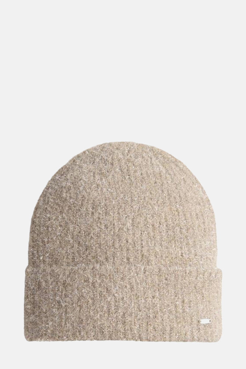 Bonnet taupe en tricot, de OPUS, avec une texture douce et un subtil éclat métallique.
