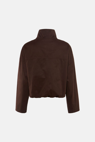 Brown casual women's jacket with stand-up collar and cropped back view, smooth fabric texture