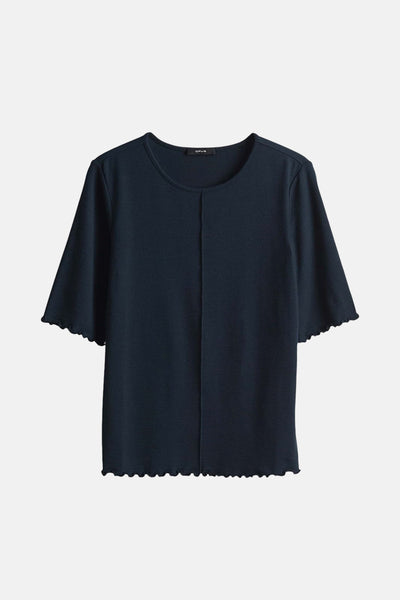 Pull à col rond bleu marine de OPUS, avec manches courtes et ourlet festonné.