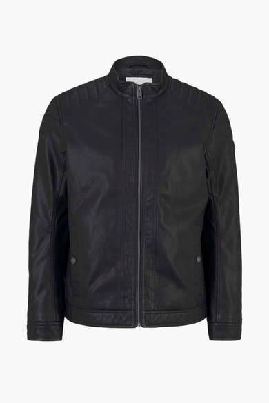Veste en simili cuir noire de Tom Tailor avec fermeture éclair centrale et détails matelassés aux épaules.