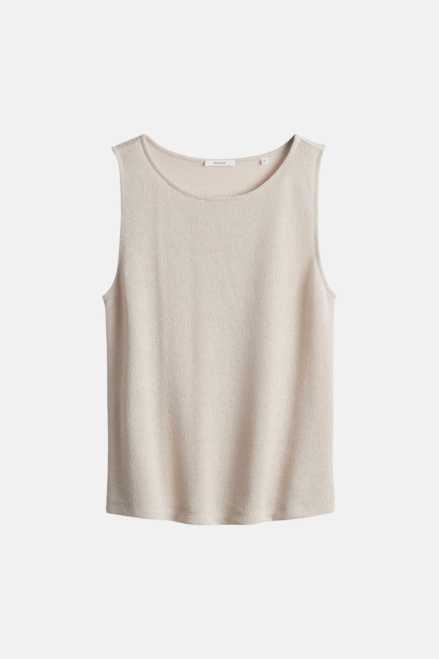 Top sans manches beige par OPUS, en maille fine texturée sur fond uni.
