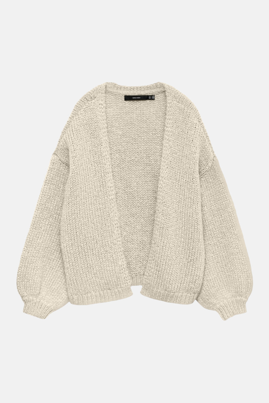 Beige VERO MODA® vest in dikke gebreide stof met pofmouwen en open voorkant, plat gepresenteerd.