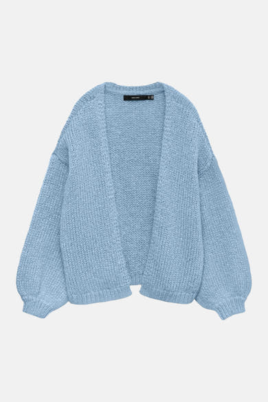 Cardigan bleu en tricot de Vero Moda, avec des manches ballon amples et une texture douce.
