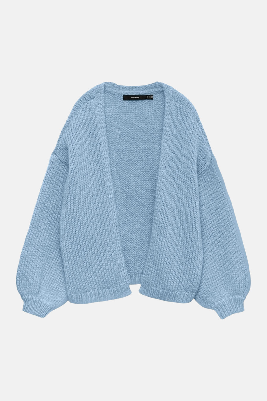 Cardigan bleu en tricot de Vero Moda, avec des manches ballon amples et une texture douce.

