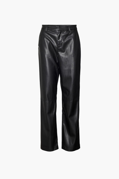 Pantalon noir en similicuir par VERO MODA, coupe droite décontractée avec braguette zippée et passants de ceinture.
