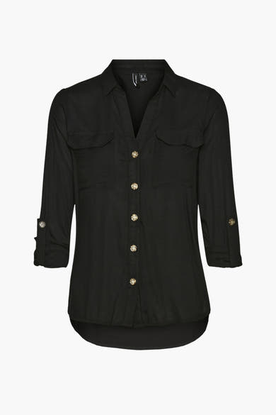 Chemisier noir à manches longues de VERO MODA, avec des boutons dorés et des poches à rabat sur la poitrine.