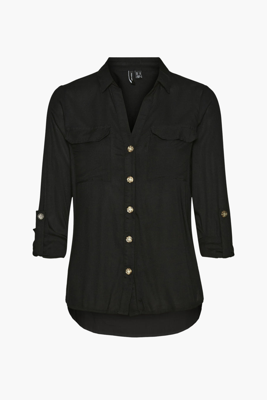 Chemisier noir à manches longues de VERO MODA, avec des boutons dorés et des poches à rabat sur la poitrine.