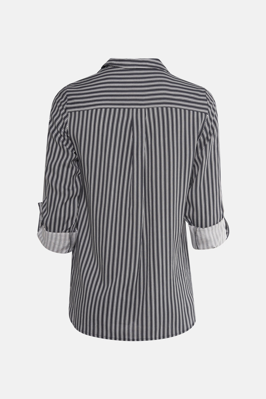 Chemise à manches longues multicolore de VERO MODA®, rayures verticales, manches 3/4 retroussées, vue de dos.