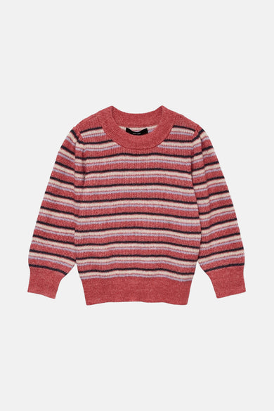 Multikleuren rondehals trui van VERO MODA met horizontale strepen in roze, zwart en crème tinten.