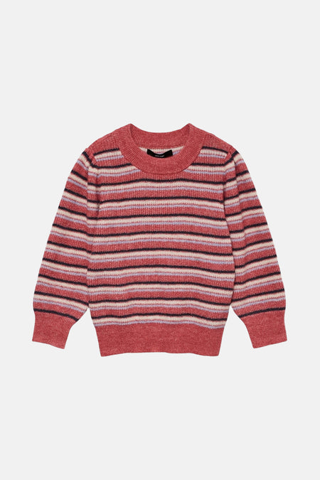 Pull à col rond multicolore de VERO MODA à rayures horizontales dans les tons rose, noir et crème.
