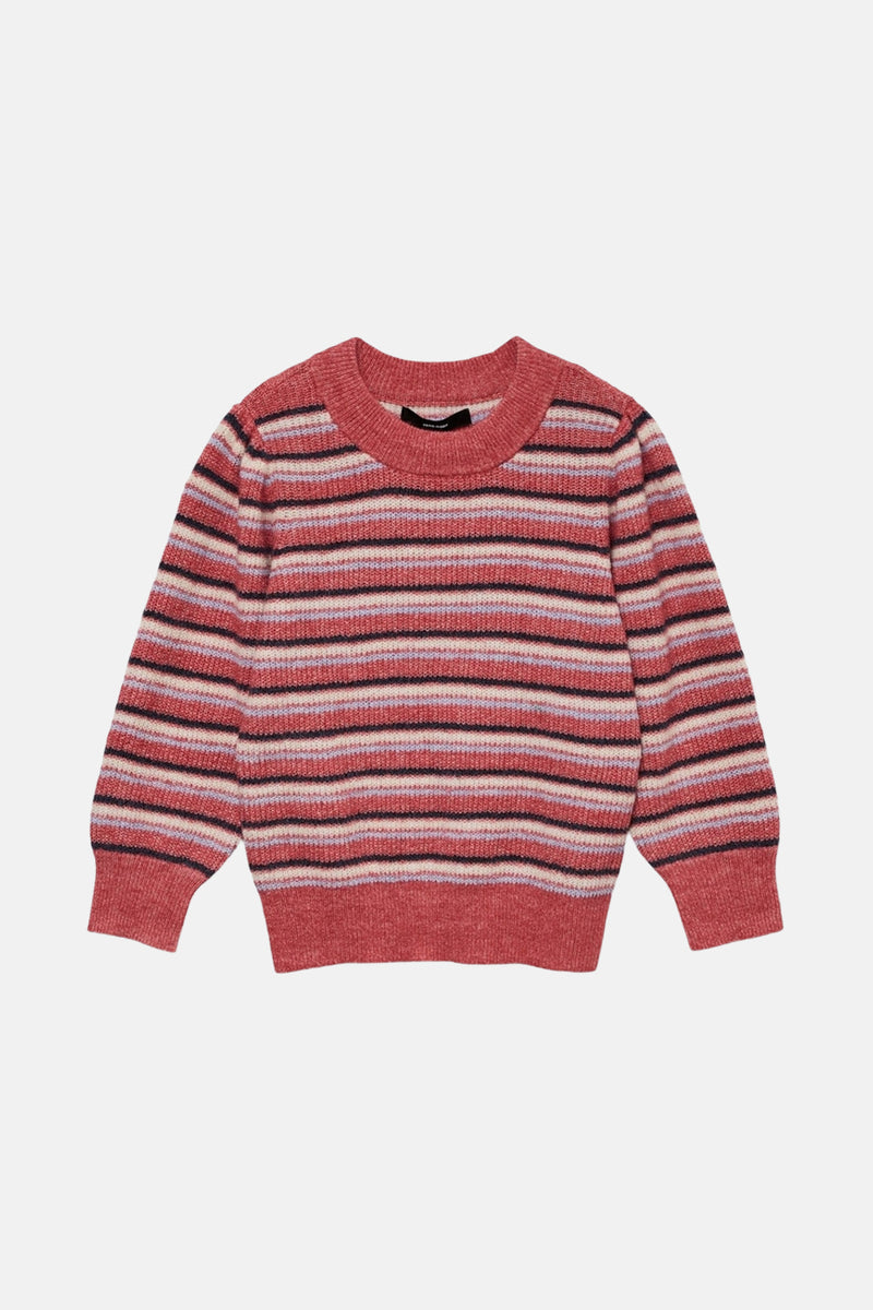 Multikleuren rondehals trui van VERO MODA met horizontale strepen in roze, zwart en crème tinten.