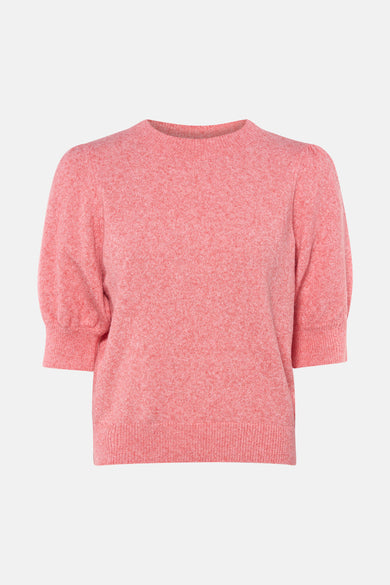Pull à col rond corail de VERO MODA, avec manches courtes bouffantes et texture tricotée.