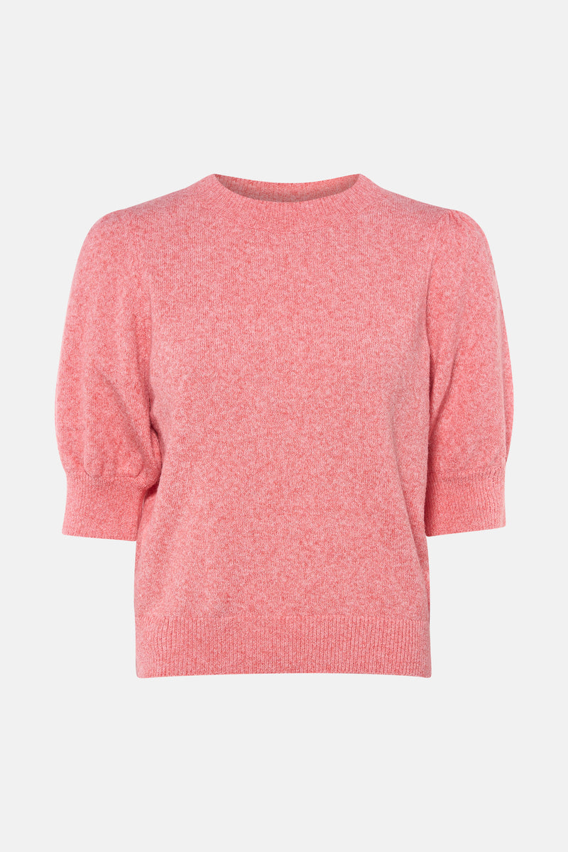 Pull à col rond corail de VERO MODA, avec manches courtes bouffantes et texture tricotée.