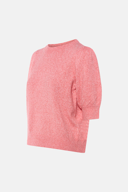 Pull à col rond corail de VERO MODA, en maille texturée avec manches courtes bouffantes.