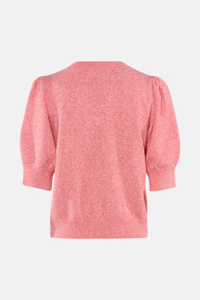 Pull corail à col rond de VERO MODA, manches bouffantes, texture tricotée et coupe courte.