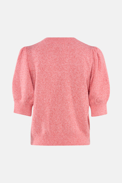 Pull corail à col rond de VERO MODA, manches bouffantes, texture tricotée et coupe courte.