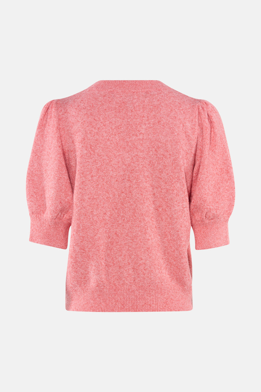 Pull corail à col rond de VERO MODA, manches bouffantes, texture tricotée et coupe courte.