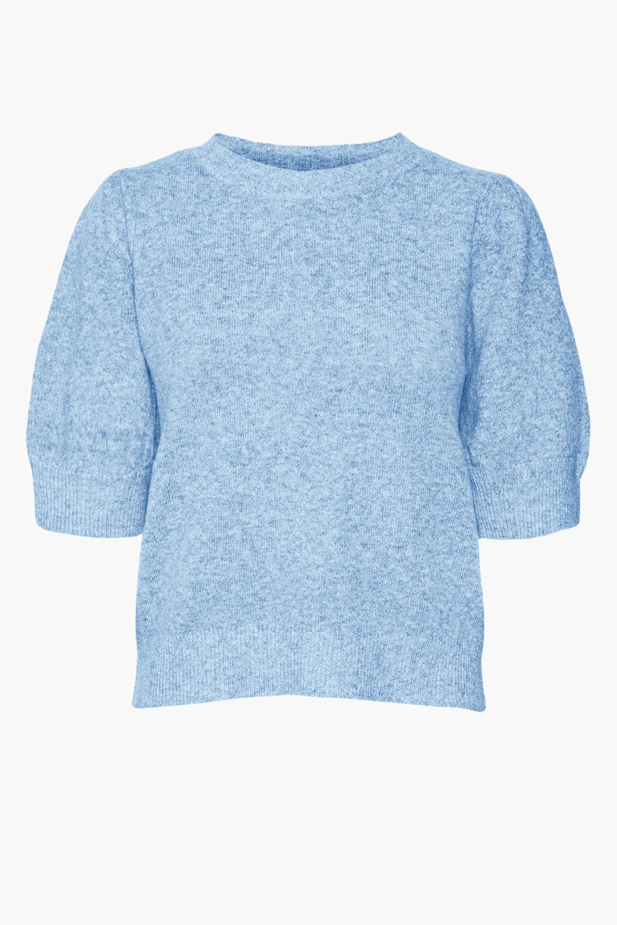 Pull bleu à manches courtes par VERO MODA, en tricot texturé avec des manches bouffantes.